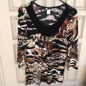 Vintage Carol Little Pullover Crochet Neck Black/Brown Animal SzXl 3/4Sleeves